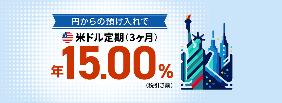 円からの預け入れで米ドル定期（3ヶ月）年15.00％（税引き前）