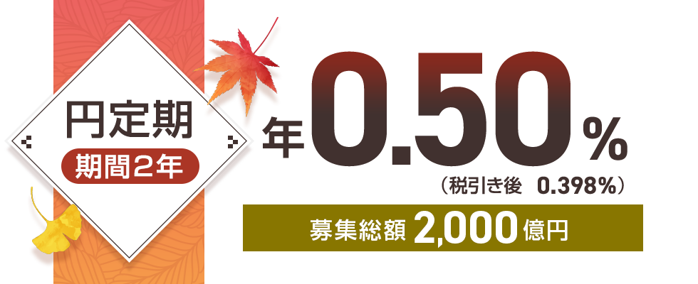 円定期期間2年　特別金利年0.50％（税引き後　0.398％）募集総額2,000億円